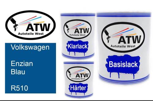 Volkswagen, Enzian Blau, R510: 1L Lackdose + 1L Klarlack + 500ml Härter - Set, von ATW Autoteile West.